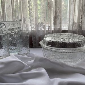Etched Glass pitcher with 2 matching glasses and a two piece casserole dish.